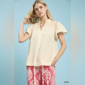 Umgee Texture Flutter Sleeve Notched Blouse